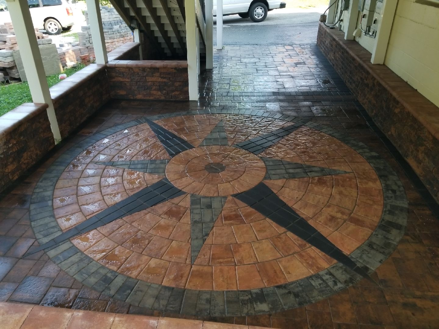 A floor with a compass design on it