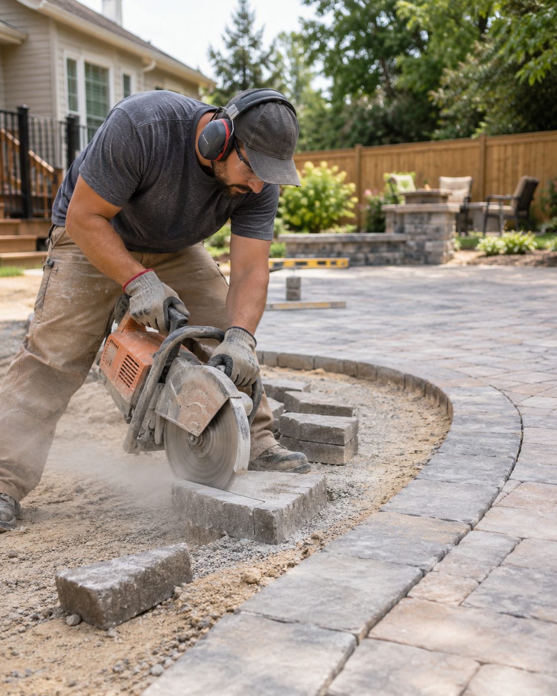 Patios in Rockville - MD under construction beside a backyard dining area with pavers being leveled