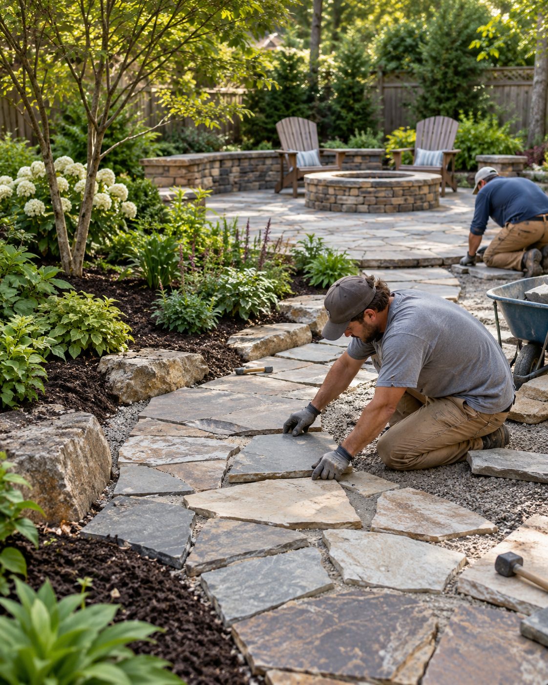 Contractor aligning patio pavers in Rockville - MD while shaping durable patios for a backyard retreat
