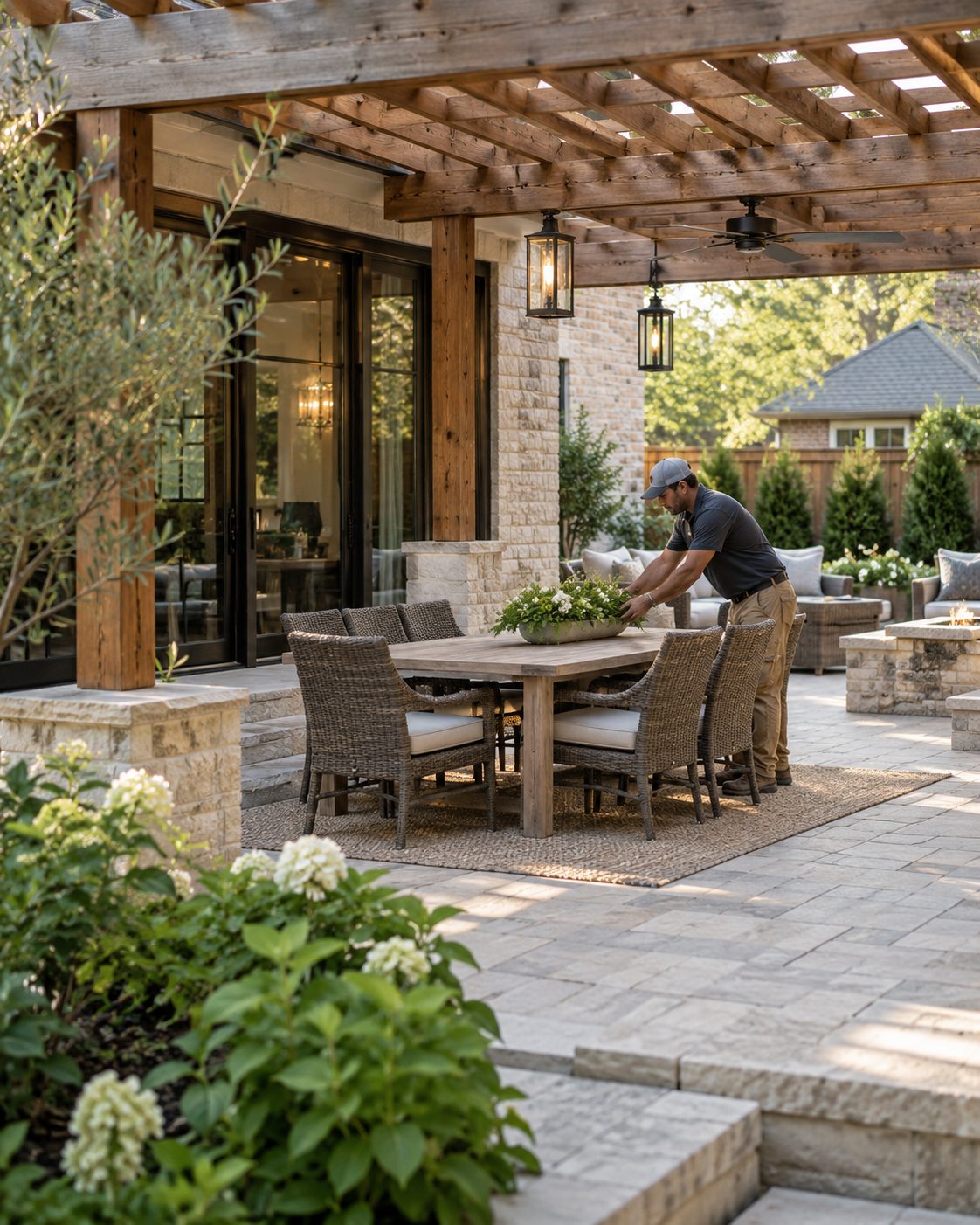 Patios in Gaithersburg - MD being installed as a crew levels pavers near a backyard seating area